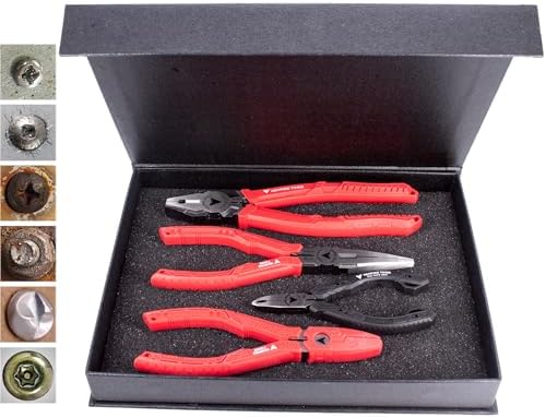 VAMPLIERS 4-PC Screw Extractor Pliers Gift Set. Made in Japan. 8" Linesman, 7.5" Long Nose, 6.25" Multipurpose & 5" Mini Pliers. Remove any Stripped/Damaged/Rusted Screws.