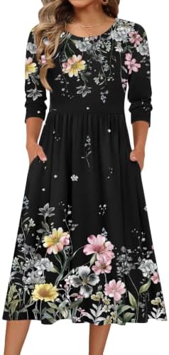 Zeagoo 3/4 Sleeve Women's Dress Casual Aline Summer Fall Midi Long Dresses