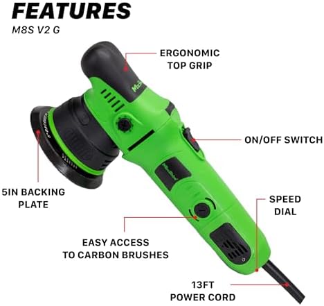 Maxshine M8S V2 Dual Action Polisher Green – 8mm Throw Random Orbital Buffer, 1000W Detailing Machine with 5″ Backing Plate – 6-Speed, 5/16″ Thread for Car, Truck, SUV & Boat Paint Correction