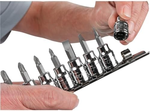Performance Tool W38860 8-Piece 3/8 in. Drive Screwdriver Bit Socket Set | Automotive SAE slotted and Phillips S2 steel bits. Chrome vanadium sockets. Includes steel socket clip rail