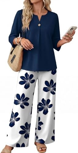 WIHOLL Two Piece Sets for Women 3/4 Length Sleeve Lounge Sets Summer Spring Vacation Travel Outfits Fashion Clothing