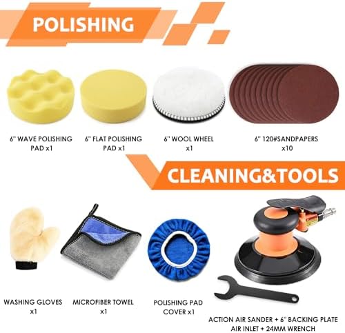 6-Inch Random Orbital Sander, DA Pneumatic Handheld Sander Set, Low Vibration Low Noise Lightweight Air Sander for Auto Body Repair, Car Detailing, Woodworking and Metalworking