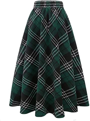 IDEALSANXUN Womens Plaid Wool Skirts Elastic Waist A-Line Pleated Tartan Long Skirts