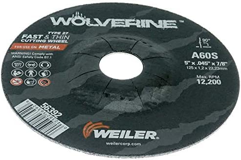 Weiler 56392 5 Inch Cutting Wheel, Wolverine AO Steel/Metal Fast Cutting, .045" A60S Type 27 7/8" Arbor, Pack of 25