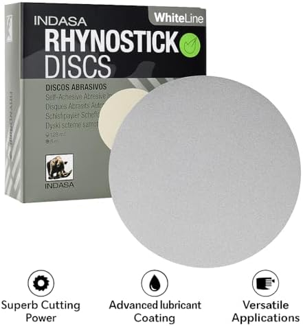 Indasa 5" Rhynostick White Line PSA Discs – Aluminum Oxide, No-Clog, Easy Release Tabs, 36-600 Grit, for Wood, Drywall & Auto Body Sanding (5 Inch Sticky Back(PSA), 400, Very Fine)