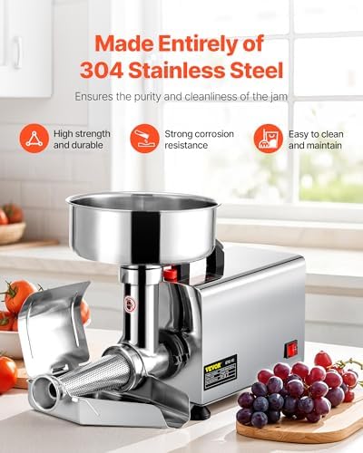 VBENLEM 110V Electric Tomato Strainer 370W Commercial Grade Tomato Milling Machine Stainless Steel Tomato Press and Strainer 90-160 Kg/H Pure Copper Motor Food Strainer and Sauce Maker