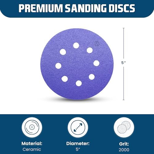 Benchmark Abrasives 5 Inch Sanding Discs Hook and Loop, Ceramic 8 Holes Adhesive Sandpaper for Surface Blending, Automotive - Orbital Sander Sandpaper (50 Discs), 2000 Grit