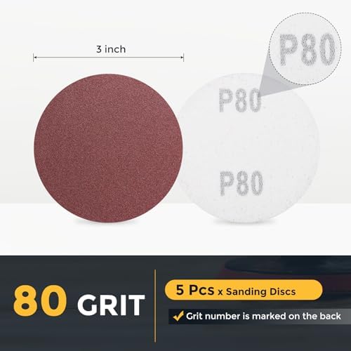 HARFINGTON 5 Pcs 3 Inch Sanding Discs 80 Grit Red Aluminum Oxide