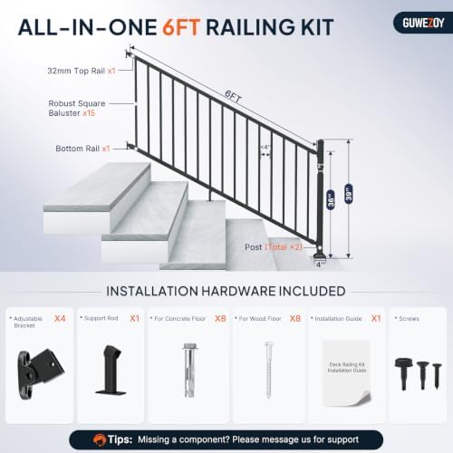 36in H x 6ft W Modular Aluminum Porch and Deck Stair Railing Kit