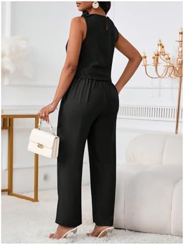 Floerns Women's 2 Piece Sets Dressy Outfits Bussiness casual Crew Neck Sleeveless Blouse and Elegant Pants Set