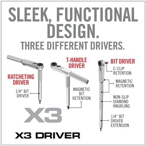Real Avid X3 Precision Screwdriver Set with 1/4 Ratchet Wrench Bit Driver & Bit Extension - Tool Kit Includes Torx, Hex, Phillips, Flat & Square Bits (56 Piece)