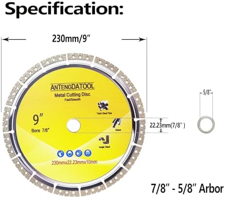 9 Inch Metal Cutting Diamond Blade, 230mm Cut Off Wheel 7/8"-5/8" Arbor for Cast Iron Rebar Carbide Stainless Steel by ANTENGDATOOL