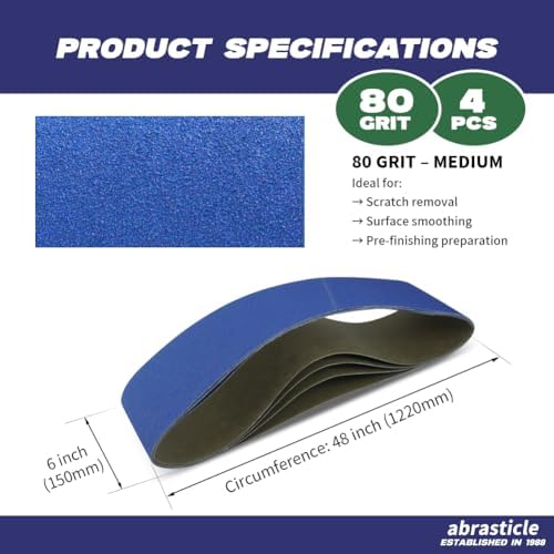 4 Pack 6 x 48 Inch Zirconia Sanding Belts, 80 Grit Heavy Duty Belt Sander Paper, Fits Belt Sander & Bench Sander for Woodworking, Metal Polishing and Fine Surface Preparation