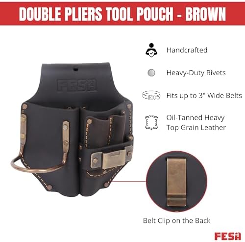 FESA Durable Leather Pliers Holster - Leather Double Plier Holder for Belt with Steel Hammer Holder, Tape Clip & 2 Carpenter's Pencil Pockets - Clip On Any Belt - Handcrafted
