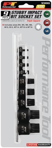 Performance Tool W38965 9-Piece Impact Triple Square Bit Socket Set | Automotive CrMo XZN spline bits. Stubby design for confined areas. Storage rail & tamper resistant sizes