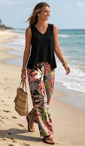 WIHOLL Two Piece Sets for Women Dressy Lounge Sets Summer Outfits Cruise Travel Beach Vacation Casual Wide Leg Pants Set