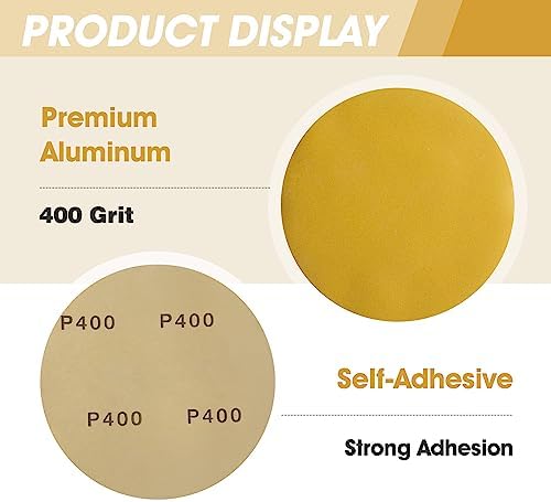 CowboyBOB 100 PCS 6 Inch Gold PSA Sanding Discs 400 Grit Self Adhesive Sticky-Back Sandpaper for DA Sander Finishing Abrasive Sand Paper Woodworking Wood Metal Sanding Disc Roll