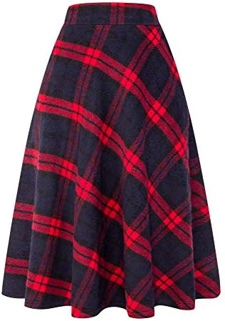 IDEALSANXUN Womens Plaid Wool Skirts Elastic Waist A-Line Pleated Tartan Long Skirts