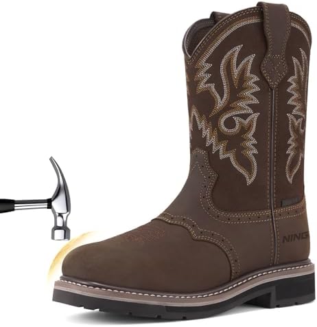 HISEA NINGO Steel Toe Work Boots for Men Square Toe Cowboy Boots Soft Toe