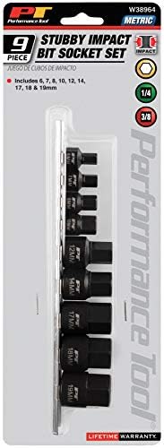 Performance Tool W38964 9-Piece Impact Metric Hex Bit Socket Set | Stubby design is 40% shorter for confined spaces. Heavy duty CrMo steel. Includes storage rail