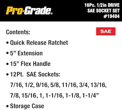 Pro-Grade 16-Piece 1/2-Inch Drive SAE Mechanics Tool Set, 19404 | Dyna Drive Technology Maximizes Torque and Helps Prevent Fastener Rounding