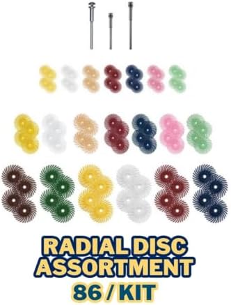 Dedeco Sunburst Radial Bristle Discs - 9/16" Curved, 1/16" Arbor - Assortment Kit - 86 Total Pieces for Precision Cleaning, Buffer, Polish, & Finish