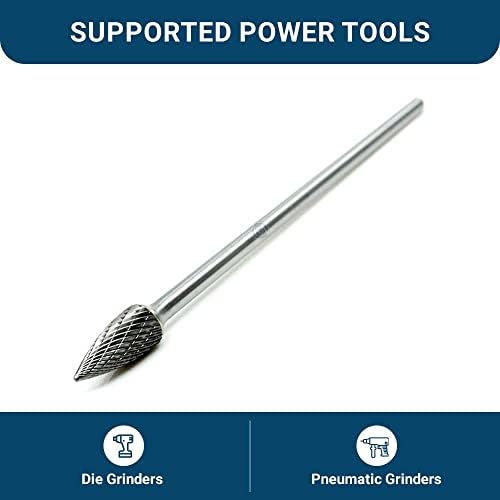 Benchmark Abrasives 6” Pointed Tree Shape Double Cut Tungsten Carbide Die Grinder Bits Metal Deburring Tool Rotary Burr, 1/4 Inch Shaft, Engraving Tool for Woodworking Shaping Carving (SG-5)