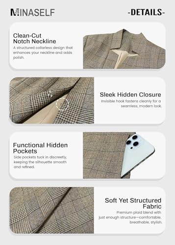 Mina Self 2026 Fall Women's Open Front Tweed Blazer,Plaid Fitted Jacket