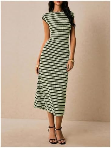 SOLY HUX Women's Striped Midi Dress Casual Work Knit Bodycon Summer Dresses