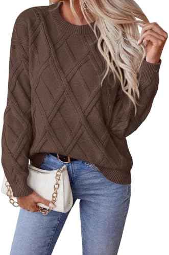 Okiwam Women's Long Sleeve Sweaters Crewneck Cable Knit Pullover