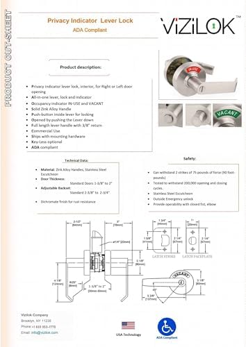 VIZILOK ADA Compliant, Single Egress Indicator Privacy Lock C5FN-L Durable ANSI Grade 2 Comp Commercial Left Handed Non Reversible in-Use or Vacant Push Button Lever - Satin Nickel