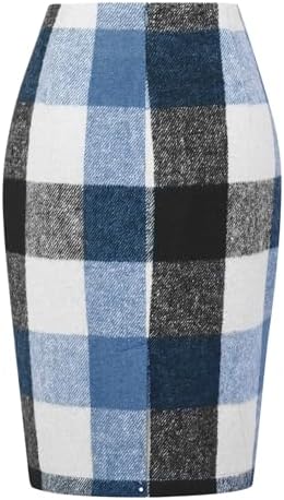 IDEALSANXUN Plaid Skirts for Women Fall Winter Knee Length Pencil Wool Skirt with Slit