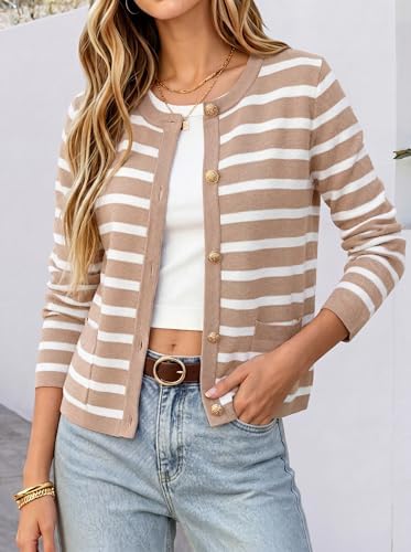 ANRABESS Women's Button Down Cropped Striped Cardigan Sweaters