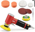 2 & 3 Inch Random Orbital Air Sander, 13,000 RPM Pneumatic DA Mini Sander with 4 Polishing Buffing Pads and 12 Sanding Discs, Air Polisher Tool for Auto Detailing, Narrow and Small Area Polishing, Red