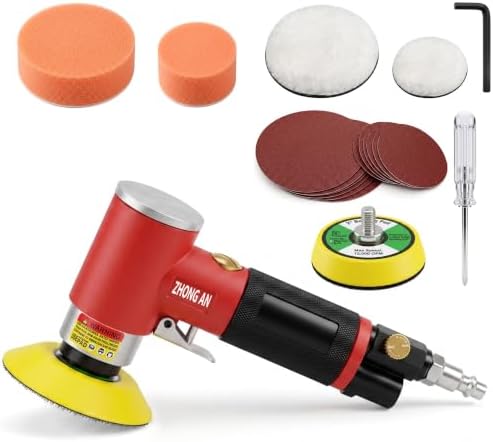 2 & 3 Inch Random Orbital Air Sander, 13,000 RPM Pneumatic DA Mini Sander with 4 Polishing Buffing Pads and 12 Sanding Discs, Air Polisher Tool for Auto Detailing, Narrow and Small Area Polishing, Red