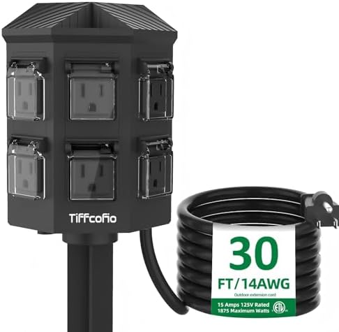 TiFFCOFiO Outdoor Power Strip with Stake, 30 FT Extension Cord Waterproof, 6 Grounded Outlets for Outdoor Lights, 14 AWG, 15A/1875W, ETL Listed