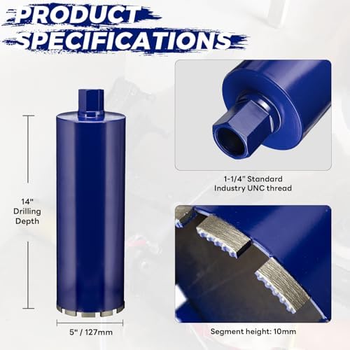 5 Inch Core Drill Bit for Concrete with Rebar - 14" Depth, Wet Use, 1-1/4"-7 UNC, Upgraded Welded Teeth for Brick, Block, Masonry, Stucco, Alsphalt - Great for DIY & Pros (127mm)