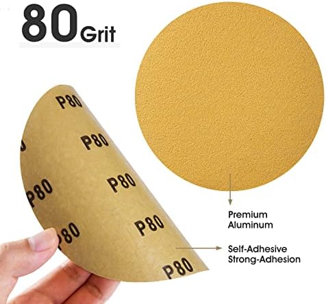 200 PCS 6 Inch Gold PSA Sanding Discs 80 Grit Self Adhesive Sticky-Back Sandpaper for DA Sander Automotive Car Paint Woodworking Wood Metal Finishing