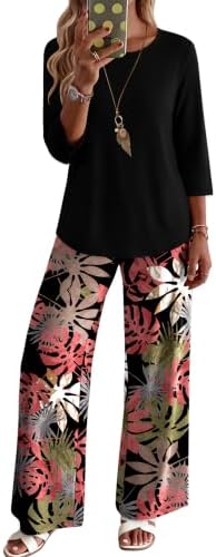 WIHOLL Two Piece Sets for Women Lounge 3/4 Length Sleeve Womens Tops Graphic Pants with Pockets Summer Outfits 2026