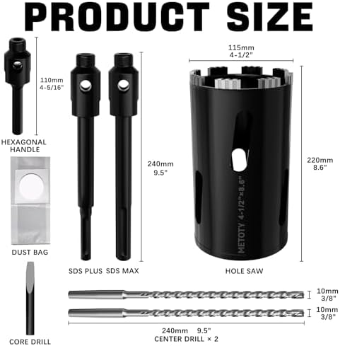 Diamond Core Drill Bit 4-1/2"(115mm) with Pilot Bit & Adapters (SDS Plus & Hex) – Upgraded Welded Segments, 8.6" Depth – for Concrete, Solid Brick, Hollow Brick, Masonry & More