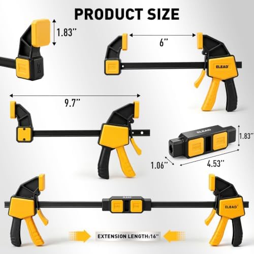 6-Pack Wood Clamps for Woodworking, 4-Piece 6" Bar Clamps with 2-Piece Clamp Connectors, Quick-Release Wood Clamps with 150 LBS Load Limit, Trigger Clamp Set for Woodworking DIY Projects