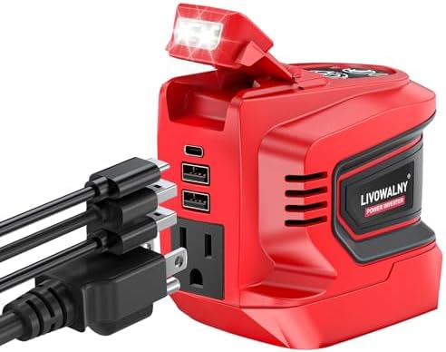 LIVOWALNY 220-250W Power Inverter Compatible with Milwaukee 18V Battery - DC 18V to AC 110-120V Portable Power Station with 1 AC Outlet - 2 USB 1 Type-C & LED Light for Camping Power Outage -Tool Only