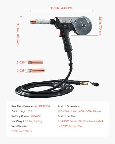 VEVOR 200Amp Spool Gun with 20FT Cable, Compatible with Hobart lronMan 240 Mig Welders, Suitable for 0.030" and 0.035" Flux Core/Solid/Aluminum Welding Wires