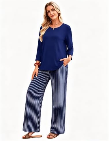 WIHOLL Two Piece Sets for Women Lounge 3/4 Length Sleeve Womens Tops Graphic Pants with Pockets Summer Outfits 2026