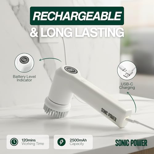 SonicPower Electric Spin Scrubber – Handheld & Ergonomic, IPX7 Waterproof, 4 Multi-Purpose Brush Heads, Long-Lasting Rechargeable Battery – Cleans Dishes, Bathroom, Tile, Grout & Kitchen (White)