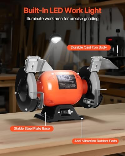 VEVOR Bench Grinder, 6-inch Single Speed Bench Grinder, 3450RPM High-Speed Table Grinders with 250W 2.1A 1/3Hp Induction Motor, 36/60-Grit Grinding Wheels & LED Work Light for Fast Sharpening Grinding