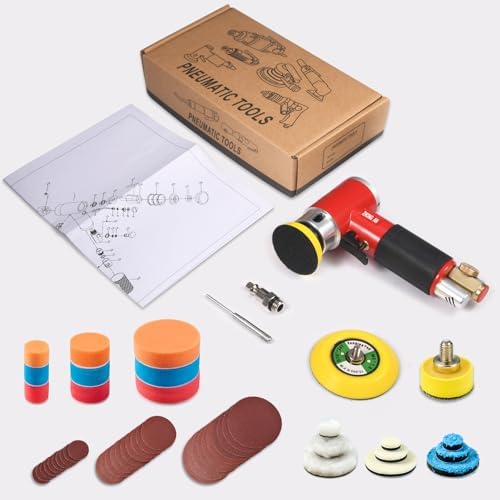 1'' 2'' 3'' Mini Orbital Sander Set Air Random Sander High Speed Pneumatic Sanders for Auto Body Work with 18 Polishing Sponge & Wool Pads, 30 Sandpapers(RED)