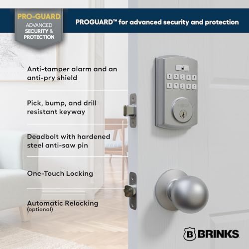 BRINKS Keyless Entry Door Deadbolt, High-Security Keypad Door Lock, 50 User Codes, Auto Locking Feature (Deadbold & Passage Knob, Satin Nickel)