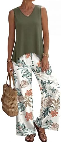 WIHOLL Two Piece Sets for Women Dressy Lounge Sets Summer Outfits Cruise Travel Beach Vacation Casual Wide Leg Pants Set