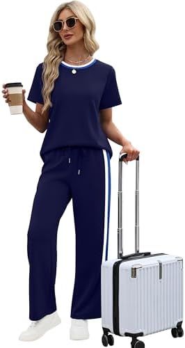WIHOLL 2 Piece Lounge Sets for Women Matching Set Summer Outfits Short Sleeve Tops Wide Leg Pants with Pockets